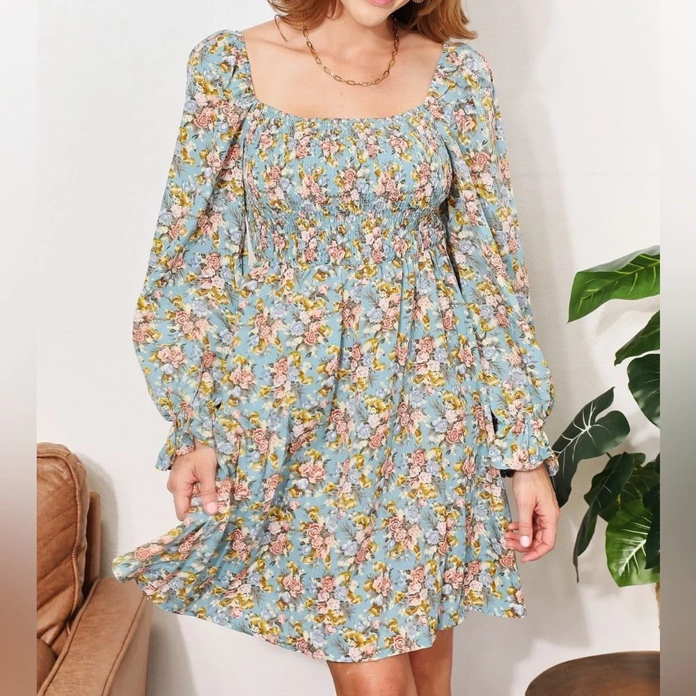 NEW Double Take Spring Floral Smocked Long Ruffle Sleeve Square Neck Dre… - Picture 2 of 12